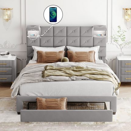 Gray Upholstered Queen Size Velvet Platform Bed with Two Wireless Chargers and Motion Activated Night Light,with a Big Drawer 1
