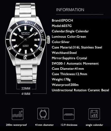 EPOCH Men Automatic Watch 41MM Luxury Watches Mechanical Wristwatch Luminous 200M Waterproof Sapphire SW200 Dual Calendar 2