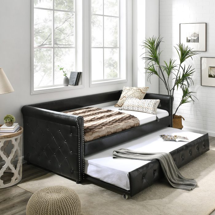 Sofa Bed, Trundle Upholstered Tufted Sofa Bed with Buttons and Brass Nails on the Armrests, both Twin Size, 85.5"x42"x30.5") 2
