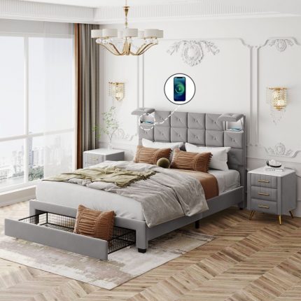 3-Pieces Bedroom Sets,Queen Size  Bed with Two Wireless Chargers, Two Motion Activated Night Lights and Two Nightstands 2