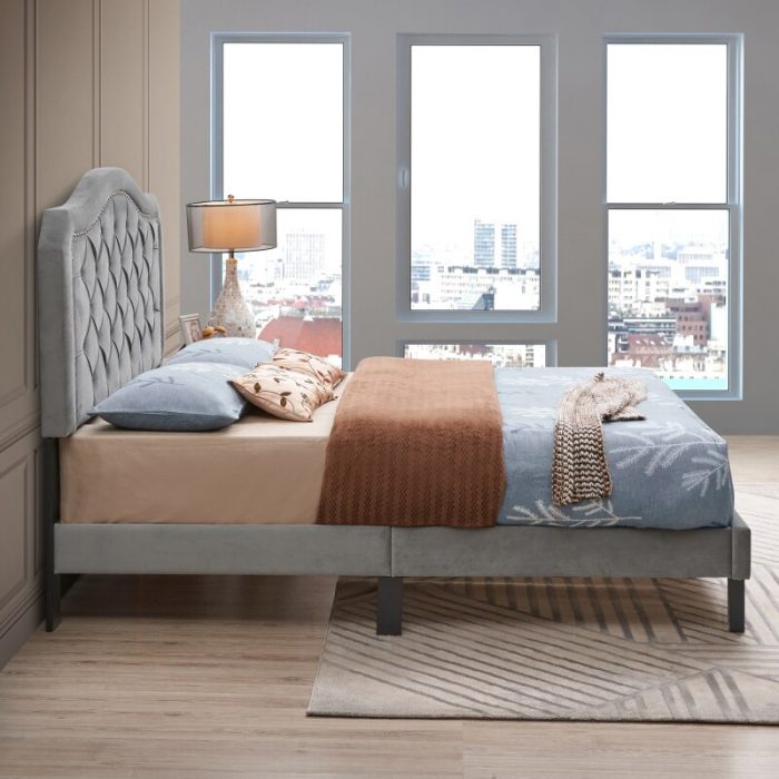 Queen Upholstered Bed Button Tufted with Curve Design-Strong Wood Slat Support Easy Assembly Gray Velvet For bedroom furniture 3