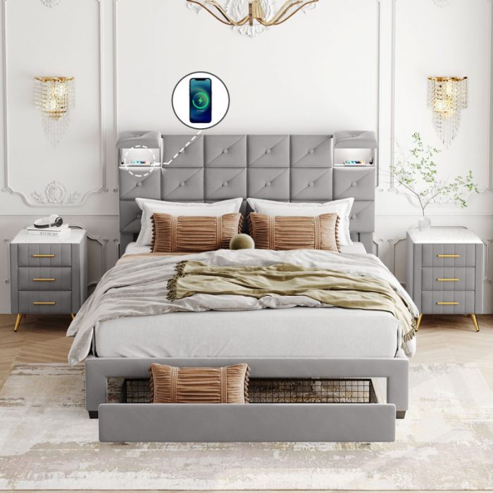 3-Pieces Bedroom Sets,Queen Size Bed with Two Wireless Chargers, Two Motion Activated Night Lights and Two Nightstands 1