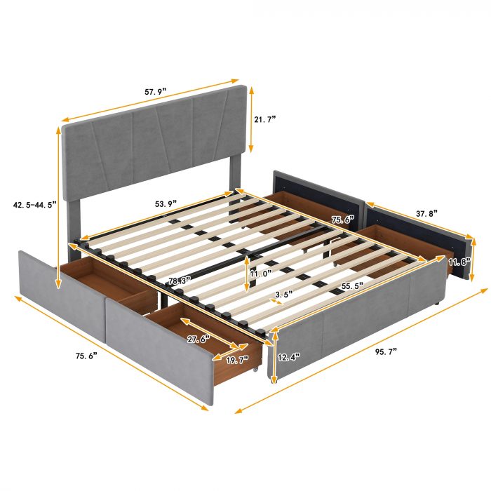 Size Upholstery Platform Bed, Four Drawers on Both Sides, Adjustable Headboard, 83.5cm-64.2cm-44.5cm 3