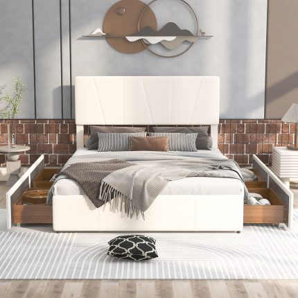 Size Upholstery Platform Bed, Four Drawers on Both Sides, Adjustable Headboard, 83.5cm-64.2cm-44.5cm 2
