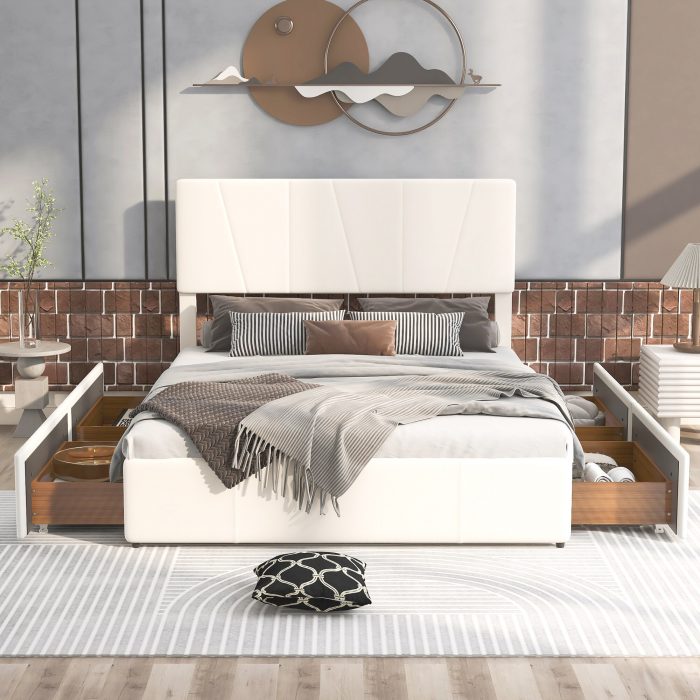 Size Upholstery Platform Bed, Four Drawers on Both Sides, Adjustable Headboard, 83.5cm-64.2cm-44.5cm 2