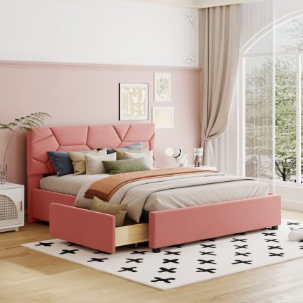 Queen Size Upholstered Platform Bed with Brick Pattern Heardboard and 4 Drawers, Linen Fabric, Pink 1