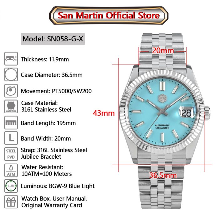 Top Brand San Martin 36.5mm Men Dress Watch Luxury Automatic Mechanical Fashion Couples Watches Sapphire 100M Waterproof BGW9 2