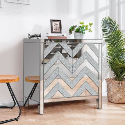 Storage Cabinet with Mirror Trim and M Shape Design, Silver,for Living Room, Dining Room, Entryway, Kitchen 2