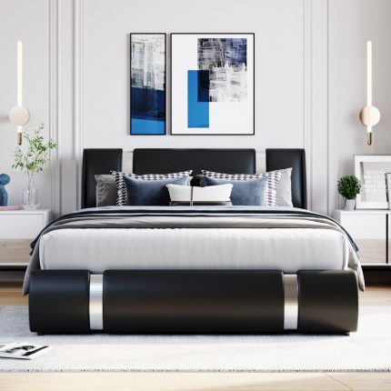 Queen Size Upholstered Faux Leather Platform bed with a Hydraulic Storage System, Black 2