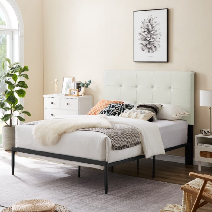 [Flash Deal]B112 Queen Bed PVC Cover Haedboard with Sponge Interlayer Strong Iron Frame with High Temperature Paint[US Stock] 1