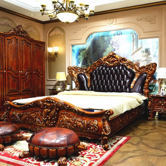 European Luxury Leather Bed 2x2.2m Leather Art Wedding Bed Double Bed American Villa Solid Wood Carved Living Room 1