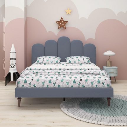 Queen Size Linen Upholstered Platform Bed With Wooden Slat and Metal Support legs.Grey Color 2