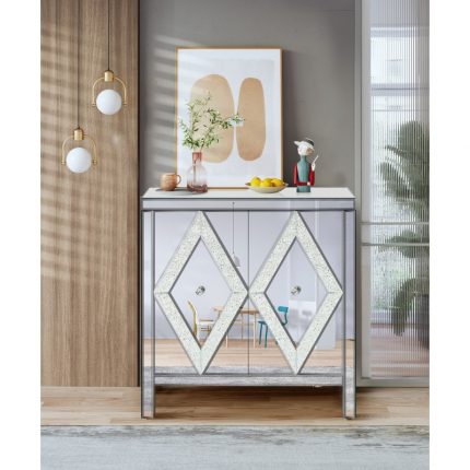 Storage Cabinet with Mirror Trim and Diamond Shape Design, Silver ,for Living Room, Dining Room, Entryway, Kitchen 2