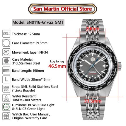 San Martin World Timer Watch Japan NH34 GMT 39.5mm Original Design Men Automatic Mechanical Travelers Watches Waterproof SN0116 2