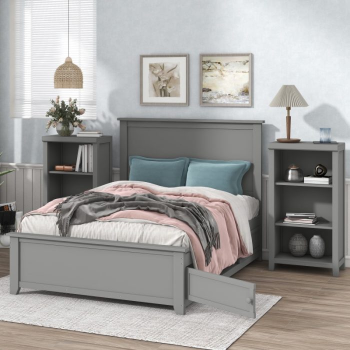 Gray Kids Teens Solid Wood 3 Pieces Twin Bedroom Sets,full bed + nightstand *2 1