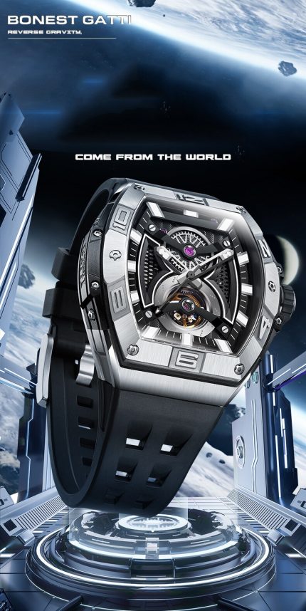BONEST GATTI Men Automatic Watch Luxury Tonneau Mechanical Wristwatch Fashion Waterproof Sapphire Luminous Fluororubber Strap 2