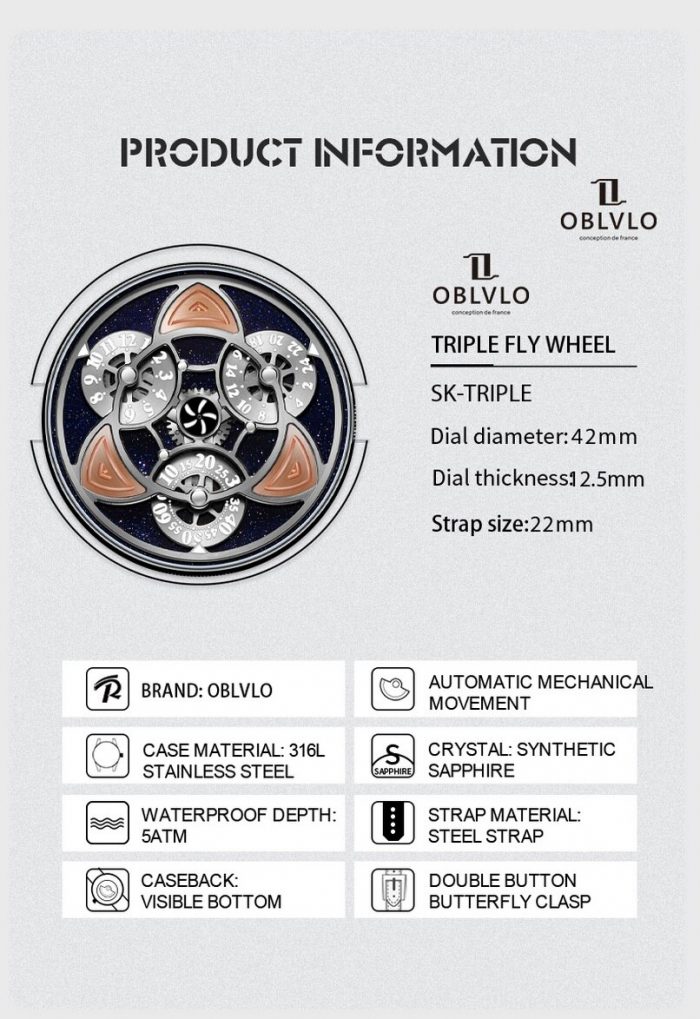 OBLVLO Men Automatic Watch 42MM Luxury Watches Mechanical Wristwatch Vintage Luminous Waterproof Sapphire Rotation Time 3 Disks 6