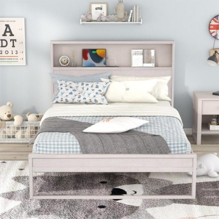 Antique White Platform Bed with Storage Headboard,Sockets and USB Ports,Full Size Platform Bed,for indoor bedroom furniture 2
