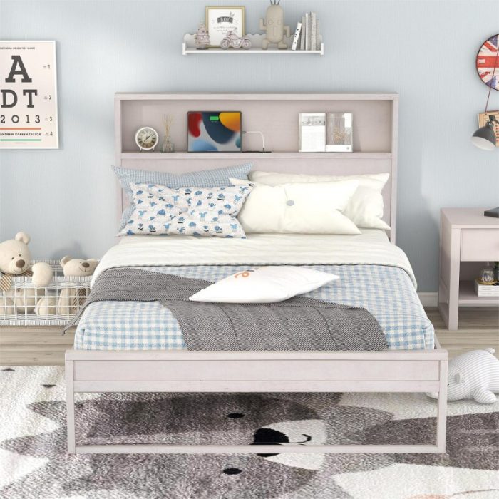 Antique White Platform Bed with Storage Headboard,Sockets and USB Ports,Full Size Platform Bed,for indoor bedroom furniture 2