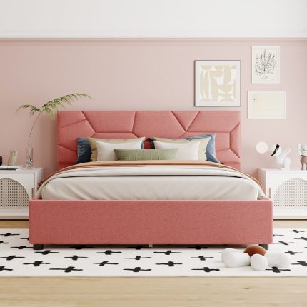 Queen Size Upholstered Platform Bed with Brick Pattern Heardboard and 4 Drawers, Linen Fabric, Pink 2