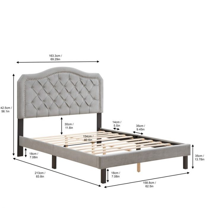 Queen Upholstered Bed Button Tufted with Curve Design-Strong Wood Slat Support Easy Assembly Gray Velvet For bedroom furniture 6