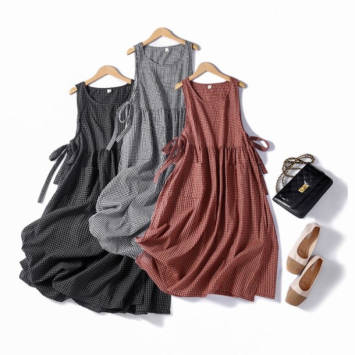 Casual Loose Women Clothes 2022 New Summer Japan Style Cotton Sleeveless Vest Dresses Vintage Literary Plaid Tank Dress Robe 1