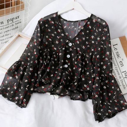 Chiffon Floral Blouses For WomenSoft Retro Chic Ladies Shirts  Temperament Fresh Popular Trendy Ulzzang Button Femme Clothing 2
