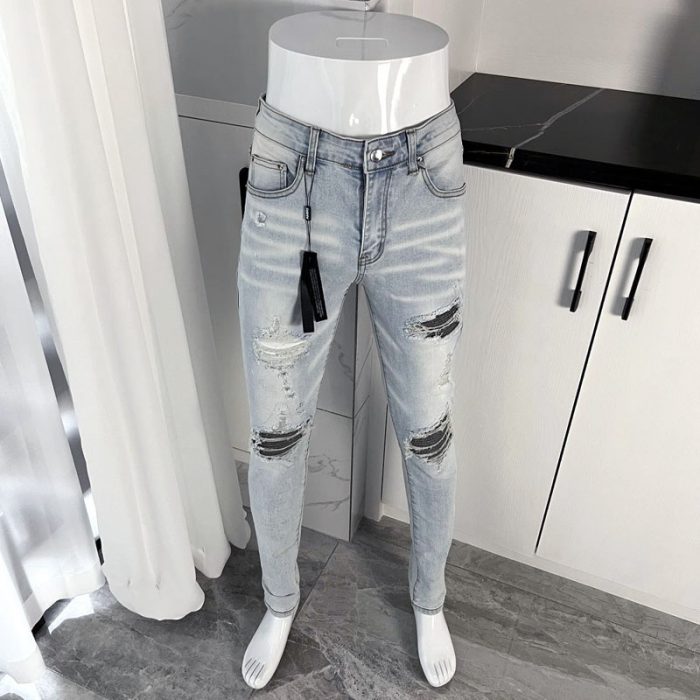 Street Fashion Men Jeans Retro Light Blue Elastic Stretch Skinny Ripped Jeans Men Patched Designer Hip Hop Brand Pants Hombre 1