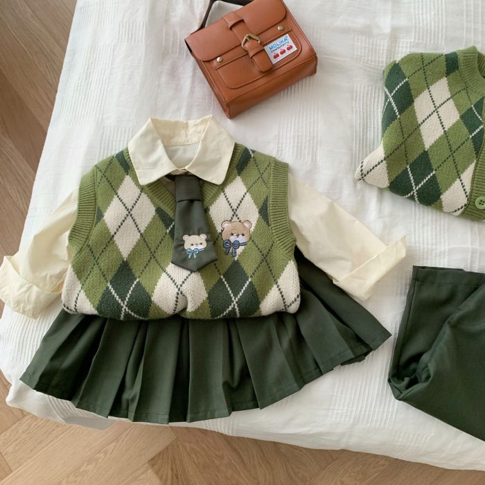 Korean 3Pcs School Girls Clothes 2023 Spring Baby Sweater Cardigan+Pleated skirt+Shirt+Pants Boys Preppy Clothes Kids Outfit 3