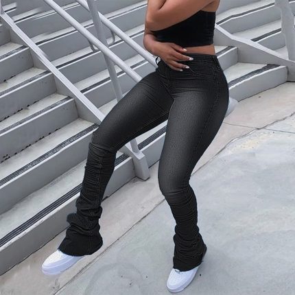 Ruched Denim Blue High Wait Stacked Pants Autumn 2023 y2k Women Clothing Streetwear Jeans Fashion Skinny Pockets Trousers 2