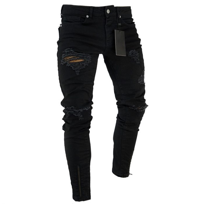 Black Stretch Skinny Fit Bottom Zipper Jeans Men Knee Ripped Distressed Hole Biker Jeans Pants Hip Hop Street Big Size XXXL 1