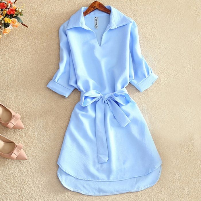 Casual Tunic Shirt Dress Woman Solid Dress Summer Office Lady Chiffon Blouse Dress Short Sleeve Sashes Dress Fashion Vestidos 1