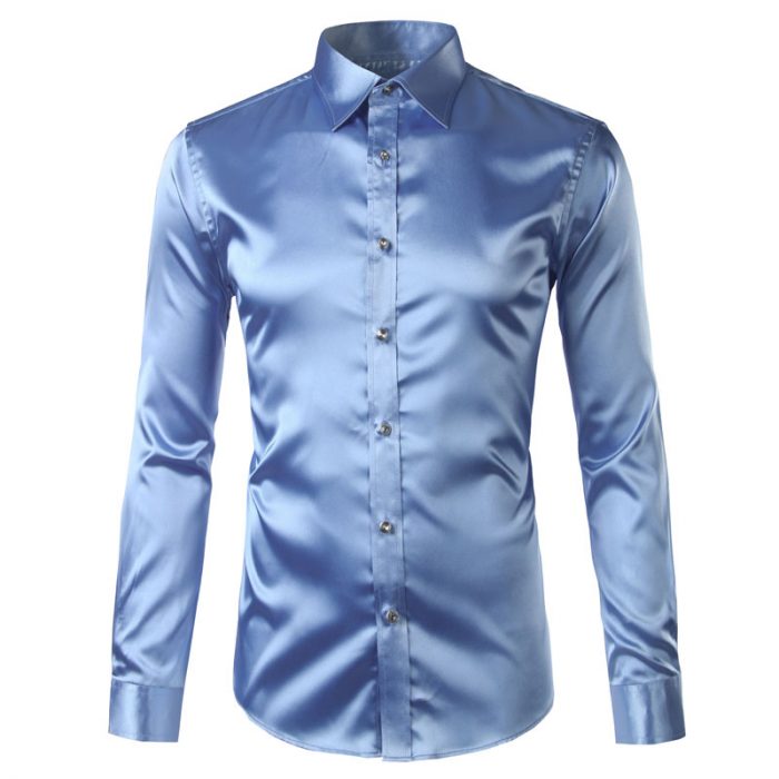 2022 New Silk Satin Shirt Men Business Weedding Club Party Prom Dress Shirts Mens Slim Fit Long Sleeve Tuxedo Shirt Male Camisas 1