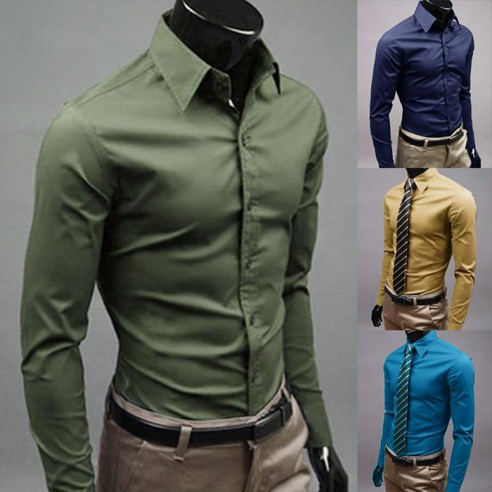 Men Dress Shirt New Fashion Men Solid Color Business Long Sleeve Men Button Turn Down Collar Shirt Top Polyester 1