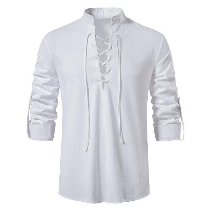 Mens Scottish Jacobite Ghillie Kilt Shirts Medieval Renaissance Pirate Costume Long Sleeve Lace Up Henley Shirt Men Camisas XXL 2