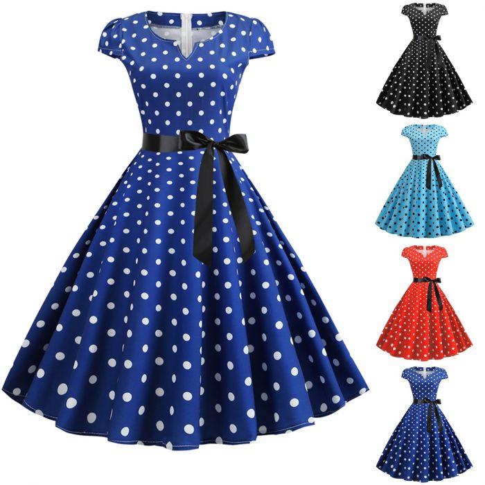 Woman Retro Dresses Audrey Hepburn 1950s 60s Rockabilly Polka Dot Printed Bowknot Pinup Ball Gown Party Dress Robe Vestidos#g3 1