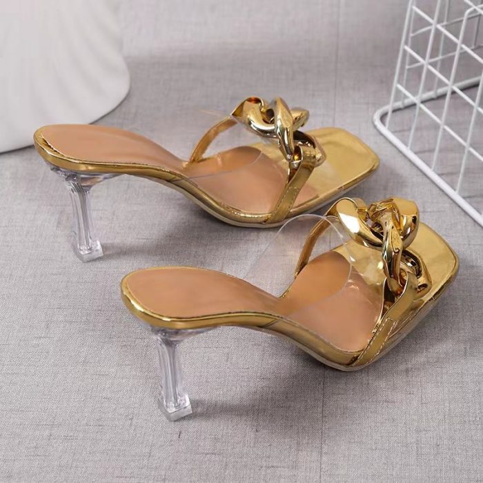 2022 Summer Big Chain Transparent Women's Slippers of Sandals Square Toe Metal Chain High Heels Shoes Women Slides Thin Heels 1