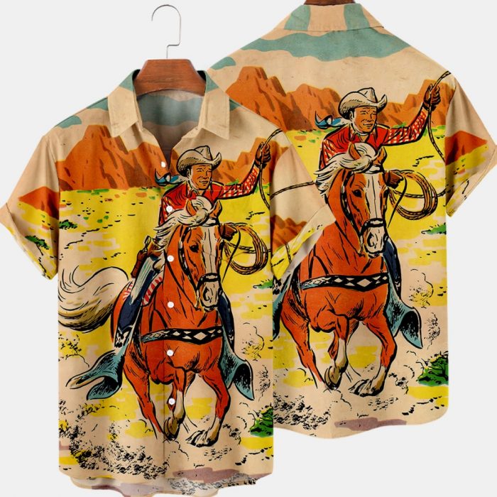 Hawaiian Cowboy Men's Shirt Cool 3D Digital Print Plus Size Western America Men's Top With Pocket Vintage Style Summer Outerwear 1