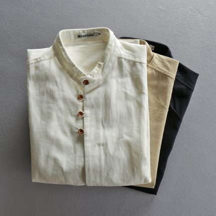Men Spring Autumn Japan Vintage Style Cotton Linen Shirts Stand Collar Slim Fit Single Breasted Simple Design Soft Casual Shirt 1