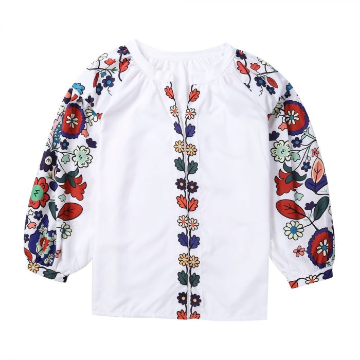 Women Autumn Clothes Long Sleeve Shirt Flower V-Neck Casual Loose Top Ladies Blouse Tee 1