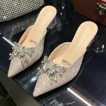 New Brand Design Women Slipper Closed Toe Slip on Mules Shoes Woman Pointed Toe Bow Knot High Heels Casual Slides Plus Size 2