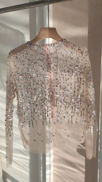 Women Fairy Sequined Blouse Tops See-through Sexy Mesh Blusas Shirt Long Sleeve Pearls Beading Women Tuxedo Blouses Large 1