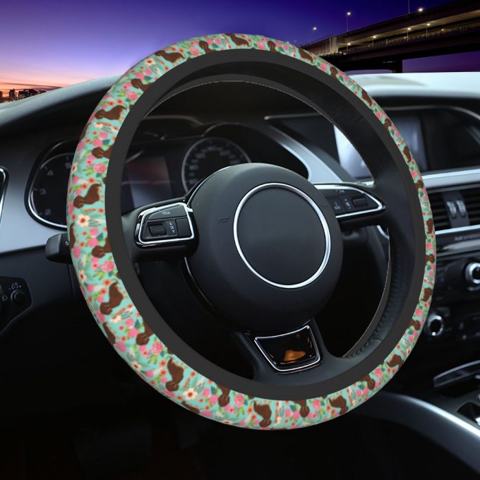 Doxie Florals Dachshund Steering Wheel Cover Badger Sausage Dog Steering Wheel Protector Universal 14.5-15 Inch Car Accessories 1