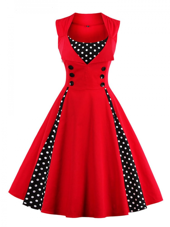 Tonval Elegant Polka Dot Sleeveless Pinup Vintage Retro Dress Women Button High Waist Summer Party 4XL 5XL Cotton Dresses