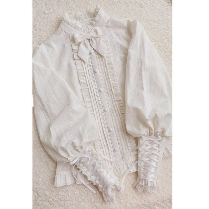 QWEEK Lace White Shirt Women Lolita Style Gigot Sleeve Beautiful Blouses Japanese Long Sleeve Ruffle Pleated Tops Kawaii Clothes 1