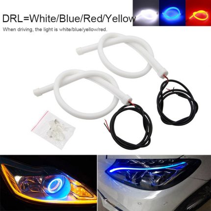 2pcs Flexible Flowing Tube Strip Car DRL Turn Signal Angel Eye White Amber LED Daytime Running Lamp Headlight 30cm 45cm 60cm 2