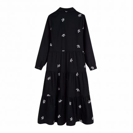 TRAF Embroidery Long Dress Women Black Shirt Dress Woman Summer Pleated Midi Dresses for Women 2023 Long Sleeve Button Up Dress 1