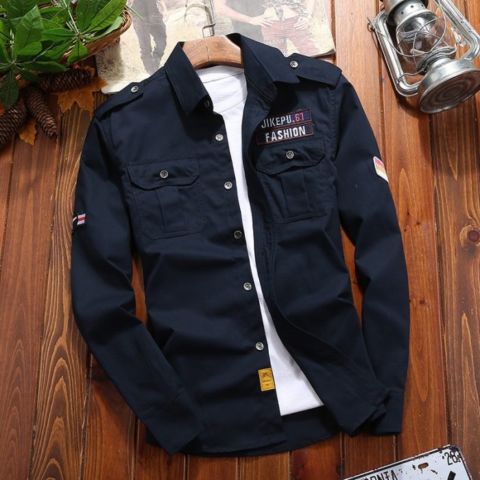 Men's Shirts Military Casual Shirt Cotton Khaki Retro Slim Fit with Pocket Long Sleeve Vintage Jacket Streetwear Drop Shipping 4