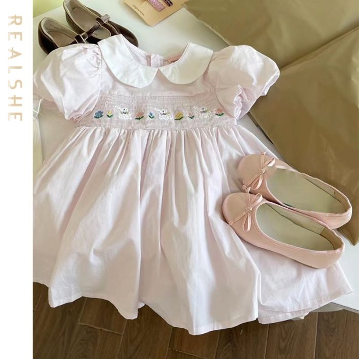 2023 New Baby Girls Dresses Sweet Clothes Short Sleeve Floral Embroidery Kids Summer Princess Dress Children Dress 1