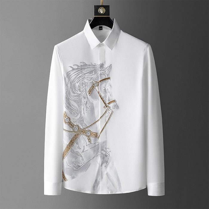 Rhinestones Shirts Mens Luxury Top Diamond Men's Shirt Long Sleeve Slim Casual Shirt Black Animal Horse Shirt Social Autumn 1